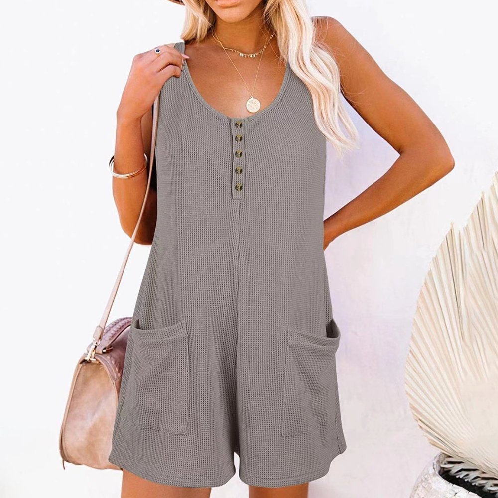 Dames Mouwloze Playsuit met Knoopsluiting en Zakken Luchtig Zomerpakje in Losvallend Model