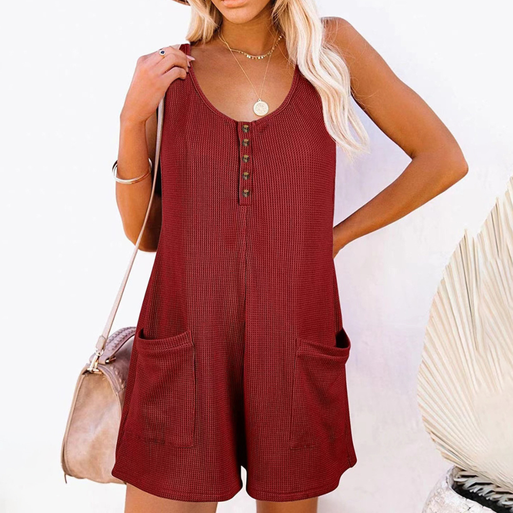 Dames Mouwloze Playsuit met Knoopsluiting en Zakken Luchtig Zomerpakje in Losvallend Model