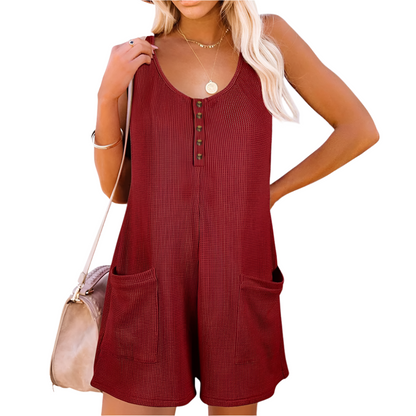 Dames Mouwloze Playsuit met Knoopsluiting en Zakken Luchtig Zomerpakje in Losvallend Model