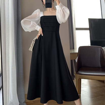 Dames Avondjurk met Pofmouwen en Vierkante Hals Elegante Lange Jurk met Contrasterende Details