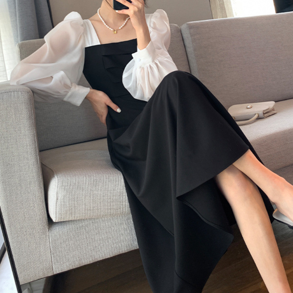 Dames Avondjurk met Pofmouwen en Vierkante Hals Elegante Lange Jurk met Contrasterende Details