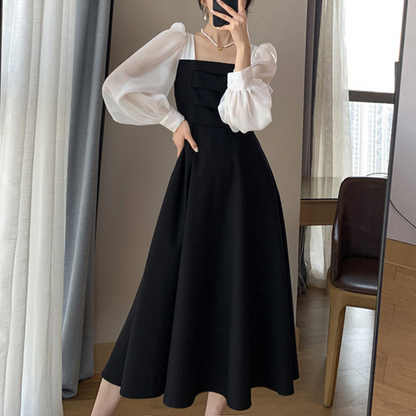 Dames Avondjurk met Pofmouwen en Vierkante Hals Elegante Lange Jurk met Contrasterende Details