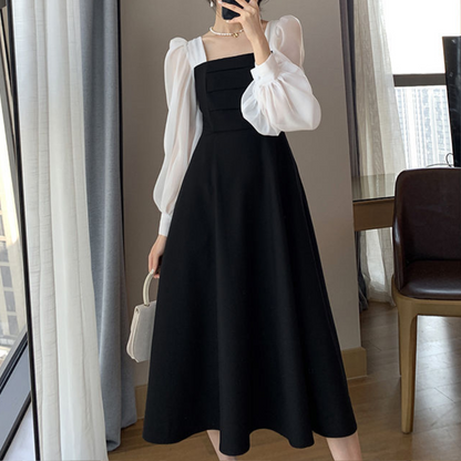 Dames Avondjurk met Pofmouwen en Vierkante Hals Elegante Lange Jurk met Contrasterende Details