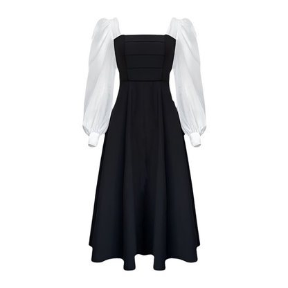 Dames Avondjurk met Pofmouwen en Vierkante Hals Elegante Lange Jurk met Contrasterende Details