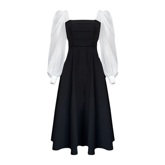 Dames Avondjurk met Pofmouwen en Vierkante Hals Elegante Lange Jurk met Contrasterende Details