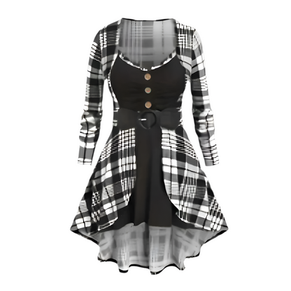Dames Jurk met Geruit Design en Knoopdetail Asymmetrisch Model met Tailleceintuur