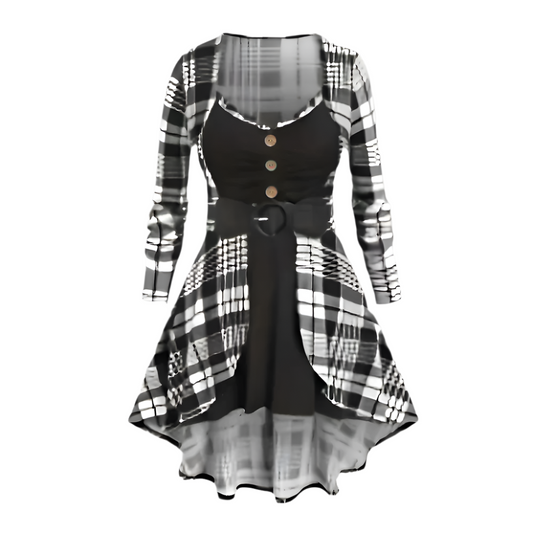 Dames Jurk met Geruit Design en Knoopdetail Asymmetrisch Model met Tailleceintuur
