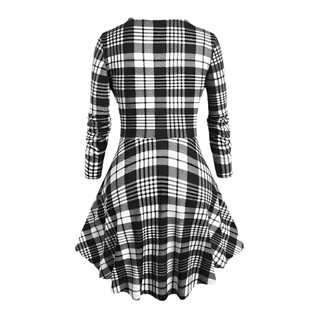 Dames Jurk met Geruit Design en Knoopdetail Asymmetrisch Model met Tailleceintuur
