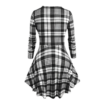 Dames Jurk met Geruit Design en Knoopdetail Asymmetrisch Model met Tailleceintuur
