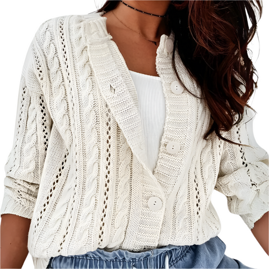 Dames Gebreid Vest met Knoopsluiting Luchtig Zomertruitje met Opengewerkt Kabelpatroon