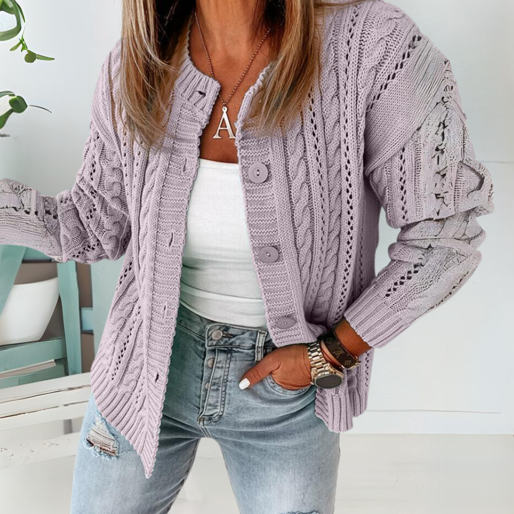Dames Gebreid Vest met Knoopsluiting Luchtig Zomertruitje met Opengewerkt Kabelpatroon