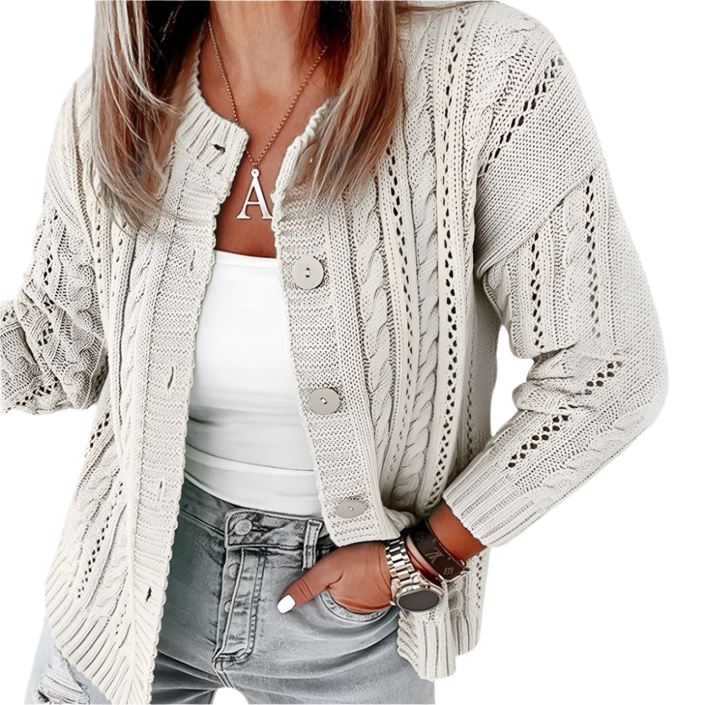 Dames Gebreid Vest met Knoopsluiting Luchtig Zomertruitje met Opengewerkt Kabelpatroon