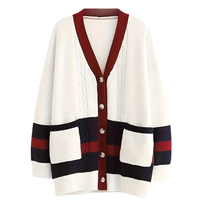 Dames gebreid vest met knopen in crème, navy en bordeaux oversized cardigan met kleuraccenten