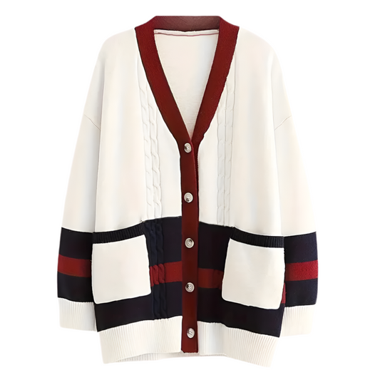 Dames gebreid vest met knopen in crème, navy en bordeaux oversized cardigan met kleuraccenten