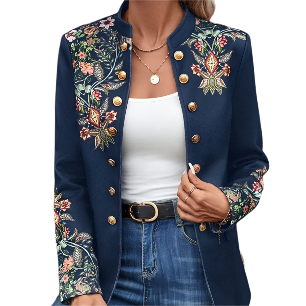 Dames Jas met Opstaande Kraag en Bloemenborduursel Militaire Knopen en Getailleerd Model