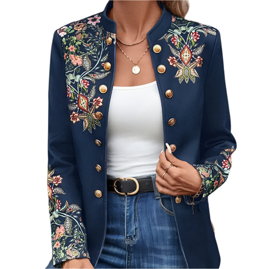Dames Jas met Opstaande Kraag en Bloemenborduursel Militaire Knopen en Getailleerd Model