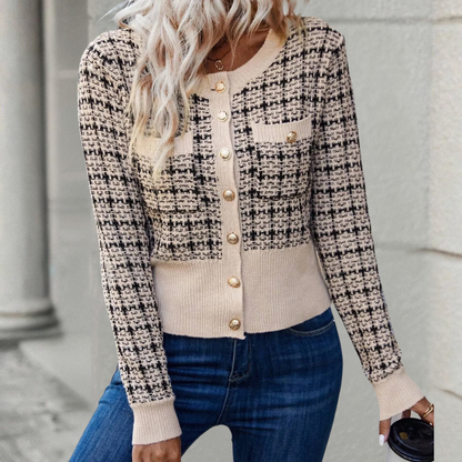 Dames Gebreid Vest in Klassiek Bouclé Design – Stijlvol Kort Model met Gouden Knoopdetails