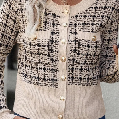 Dames Gebreid Vest in Klassiek Bouclé Design – Stijlvol Kort Model met Gouden Knoopdetails