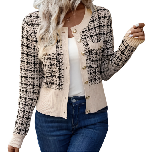 Dames Gebreid Vest in Klassiek Bouclé Design – Stijlvol Kort Model met Gouden Knoopdetails