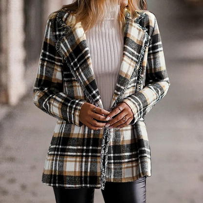 Dames Blazerjas met Ruitjespatroon Zachte Oversized Look met Open Valling en Franjeaccent