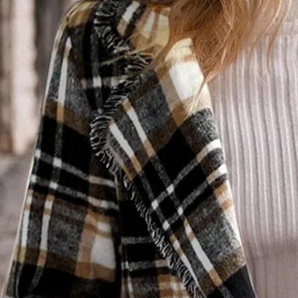Dames Blazerjas met Ruitjespatroon Zachte Oversized Look met Open Valling en Franjeaccent