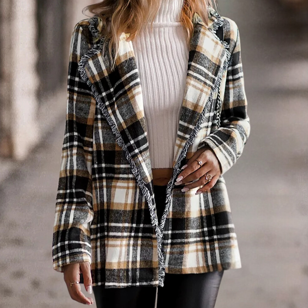 Dames Blazerjas met Ruitjespatroon Zachte Oversized Look met Open Valling en Franjeaccent