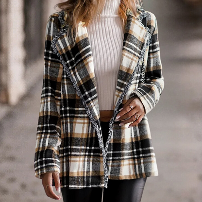 Dames Blazerjas met Ruitjespatroon Zachte Oversized Look met Open Valling en Franjeaccent