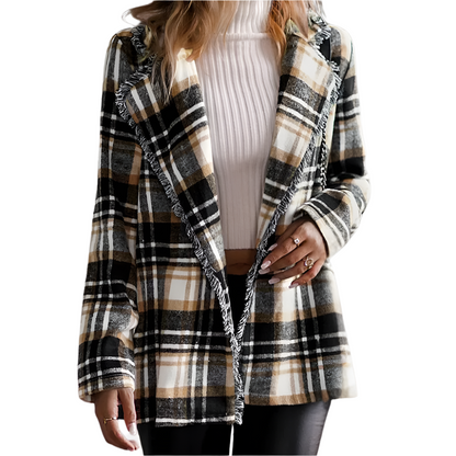 Dames Blazerjas met Ruitjespatroon Zachte Oversized Look met Open Valling en Franjeaccent