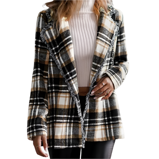 Dames Blazerjas met Ruitjespatroon Zachte Oversized Look met Open Valling en Franjeaccent