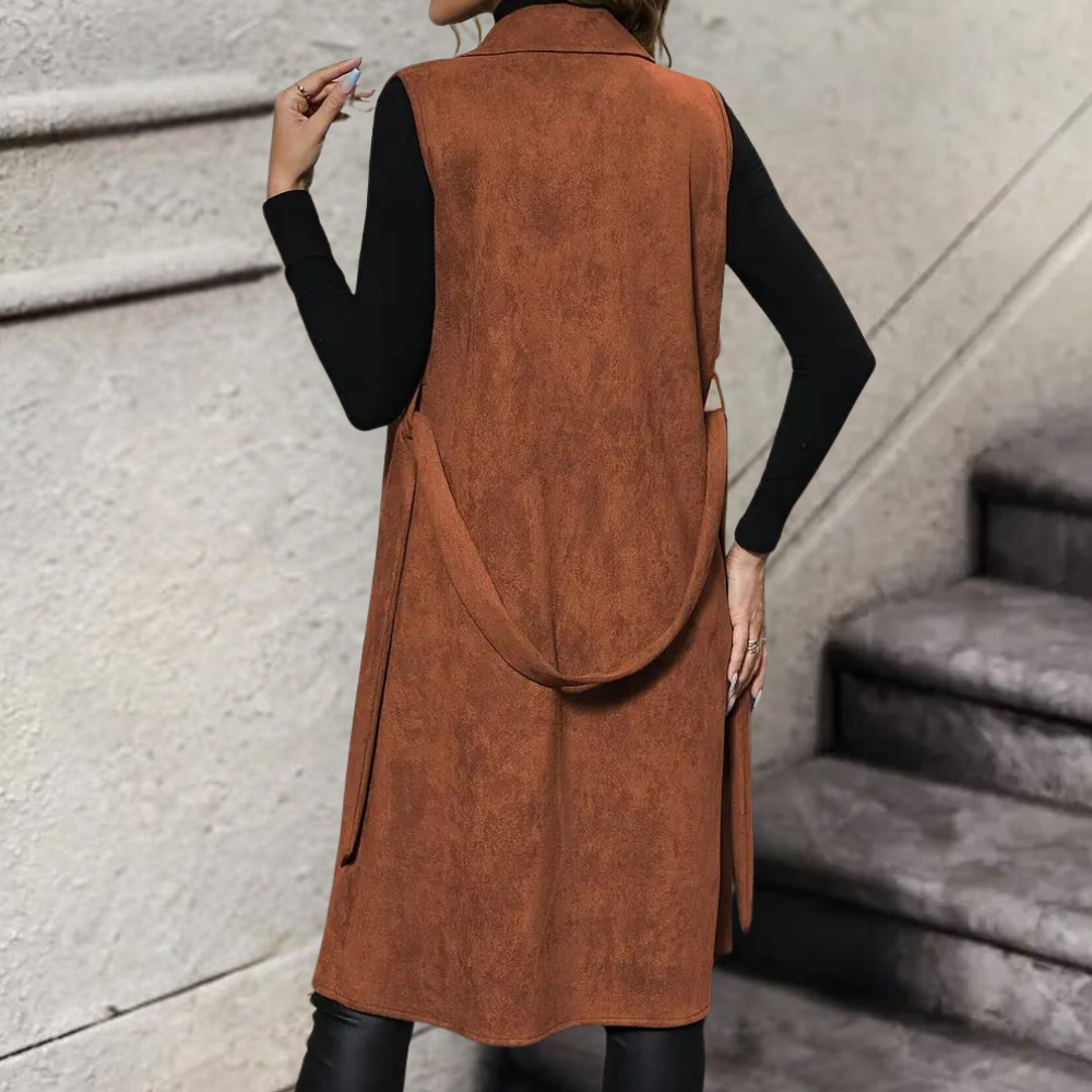 Dames mouwloos lange blazerjurk in warmbruin suède-look Stijlvolle eyecatcher met een moderne pasvorm