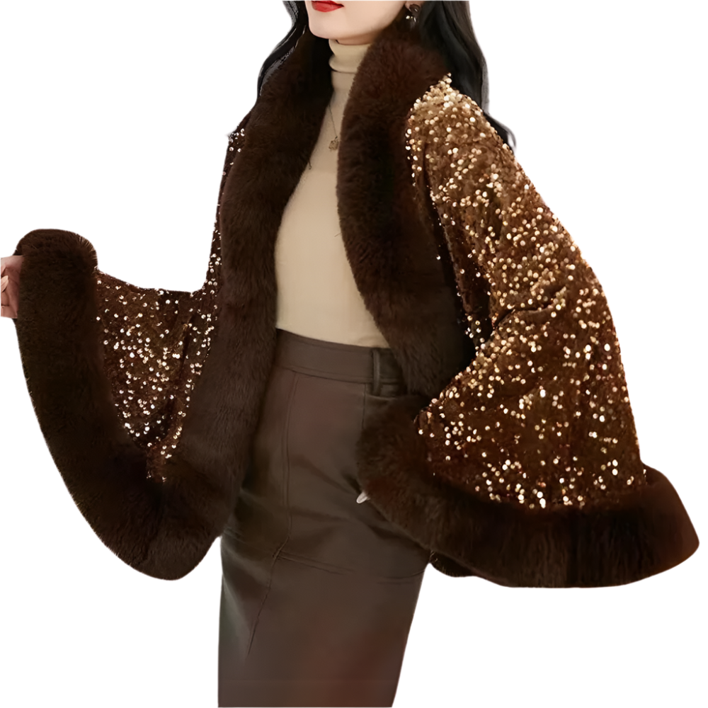 Dames Cape met Imitatiebont en Glinsterende Pailletten Warme Glamourlook voor Winterfeesten en Avonden uit