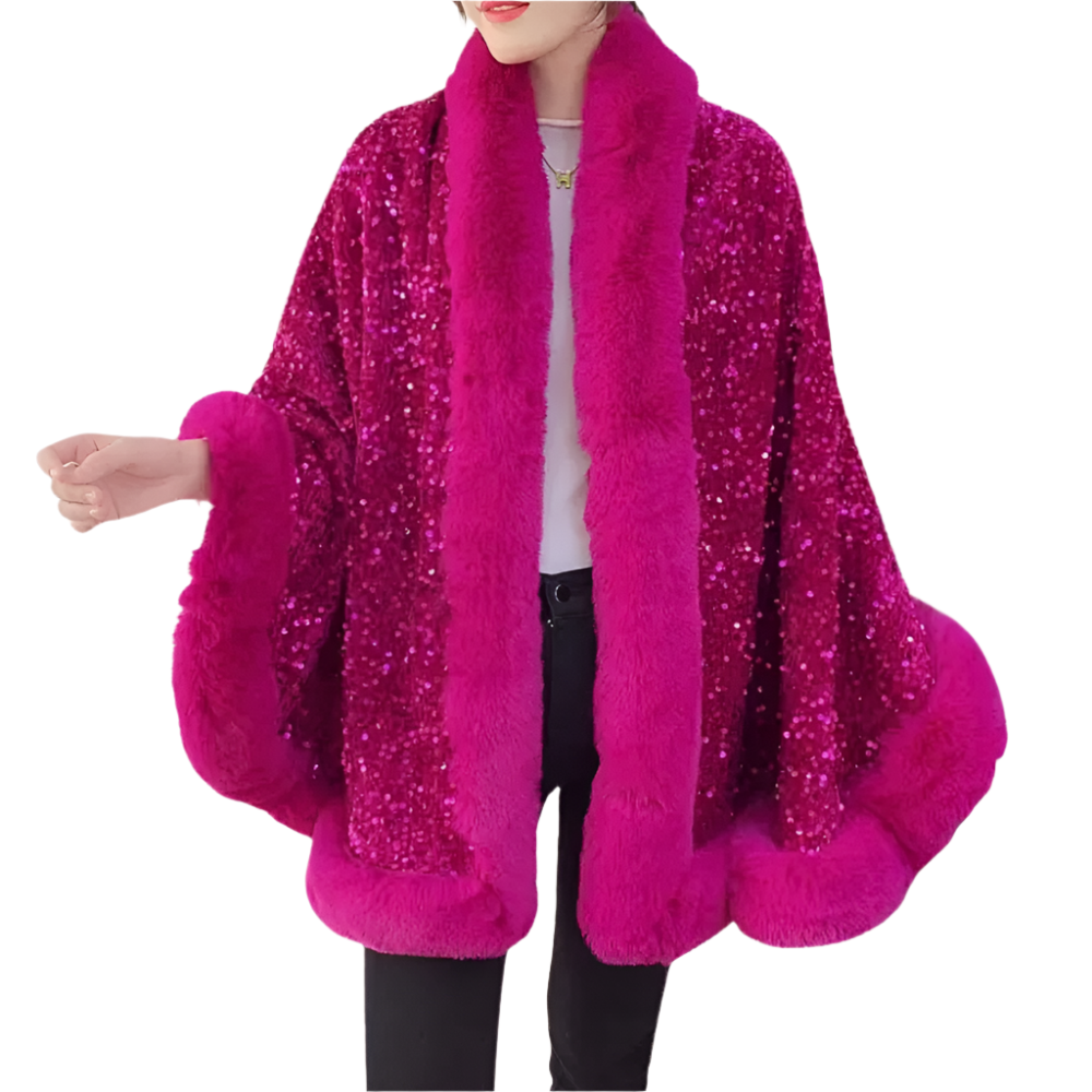 Dames Cape met Imitatiebont en Glinsterende Pailletten Warme Glamourlook voor Winterfeesten en Avonden uit