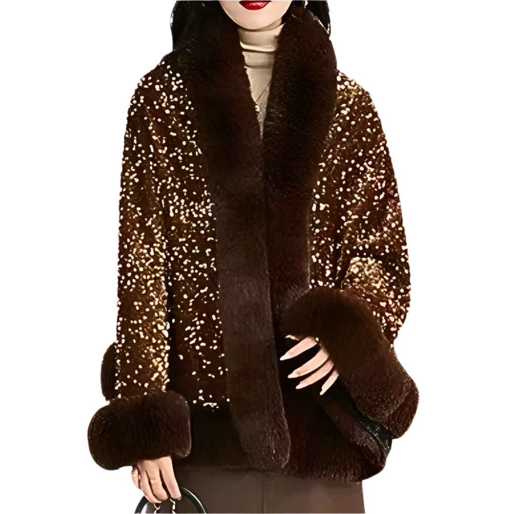 Dames Cape met Imitatiebont en Glinsterende Pailletten Warme Glamourlook voor Winterfeesten en Avonden uit