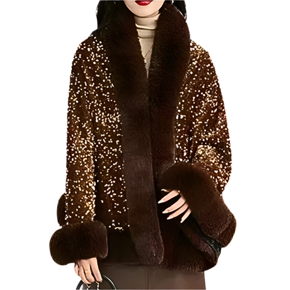 Dames Cape met Imitatiebont en Glinsterende Pailletten Warme Glamourlook voor Winterfeesten en Avonden uit