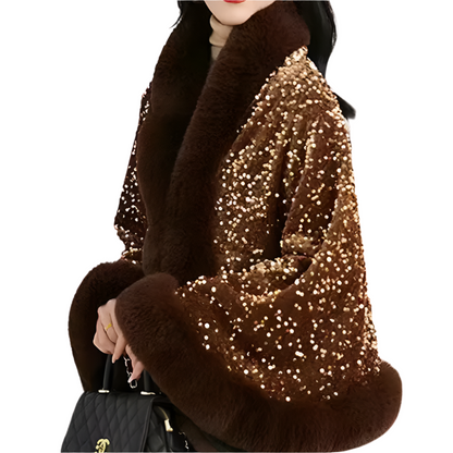 Dames Cape met Imitatiebont en Glinsterende Pailletten Warme Glamourlook voor Winterfeesten en Avonden uit