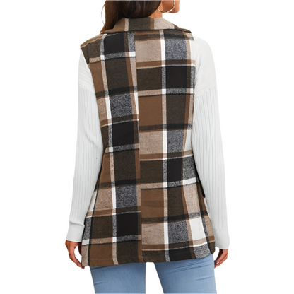 Dames Mouwloos Lang Gilet met Ruitpatroon Modieuze Eyecatcher voor Elk Seizoen