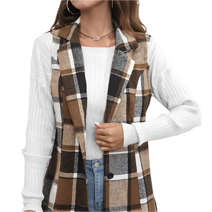 Dames Mouwloos Lang Gilet met Ruitpatroon Modieuze Eyecatcher voor Elk Seizoen