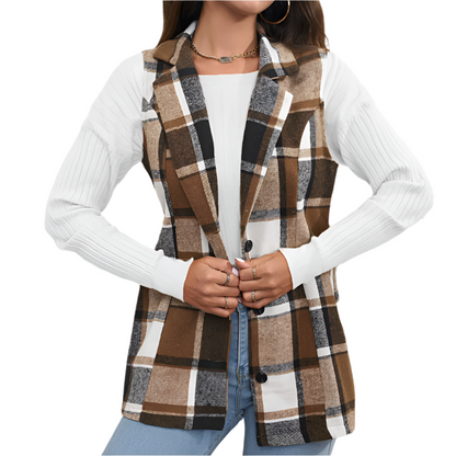 Dames Mouwloos Lang Gilet met Ruitpatroon Modieuze Eyecatcher voor Elk Seizoen
