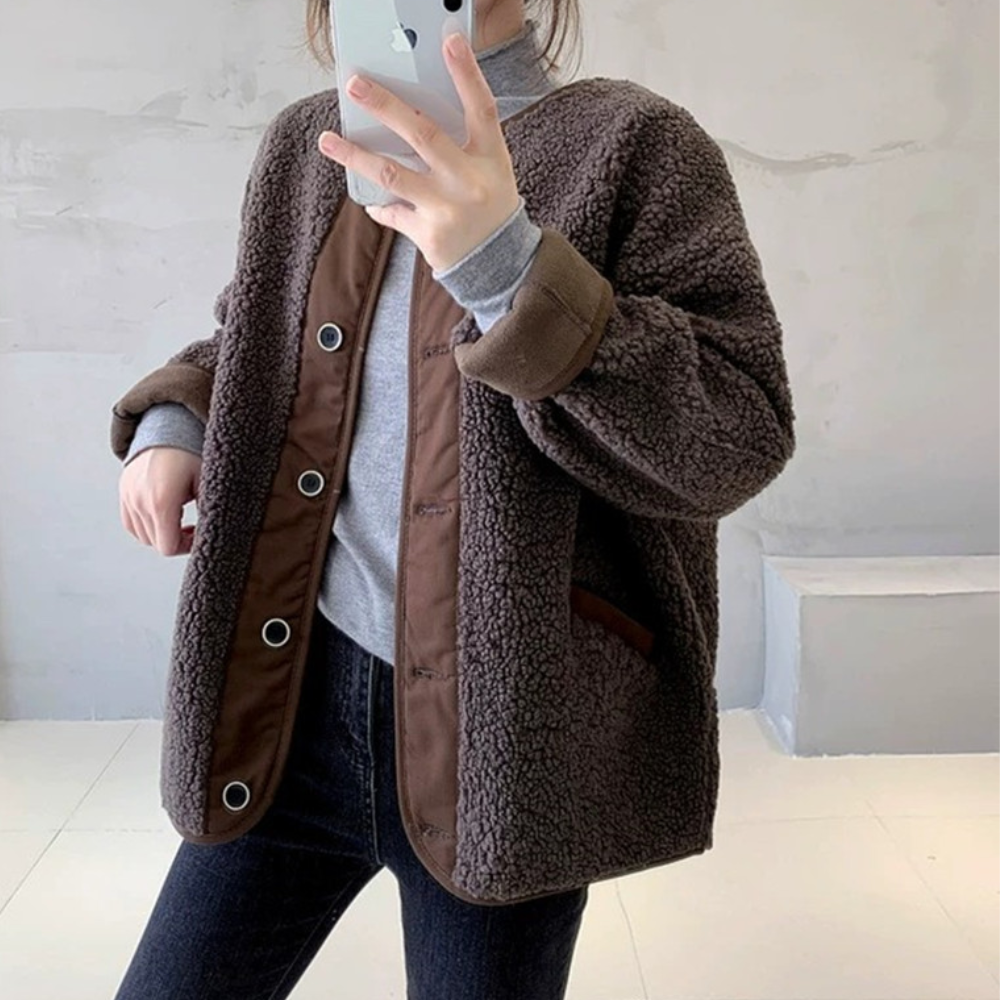 Dames Teddy Fleece Jas met Drukknopen Warme en Comfortabele Tussenjas met Casual Pasvorm