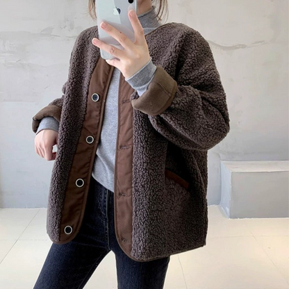 Dames Teddy Fleece Jas met Drukknopen Warme en Comfortabele Tussenjas met Casual Pasvorm
