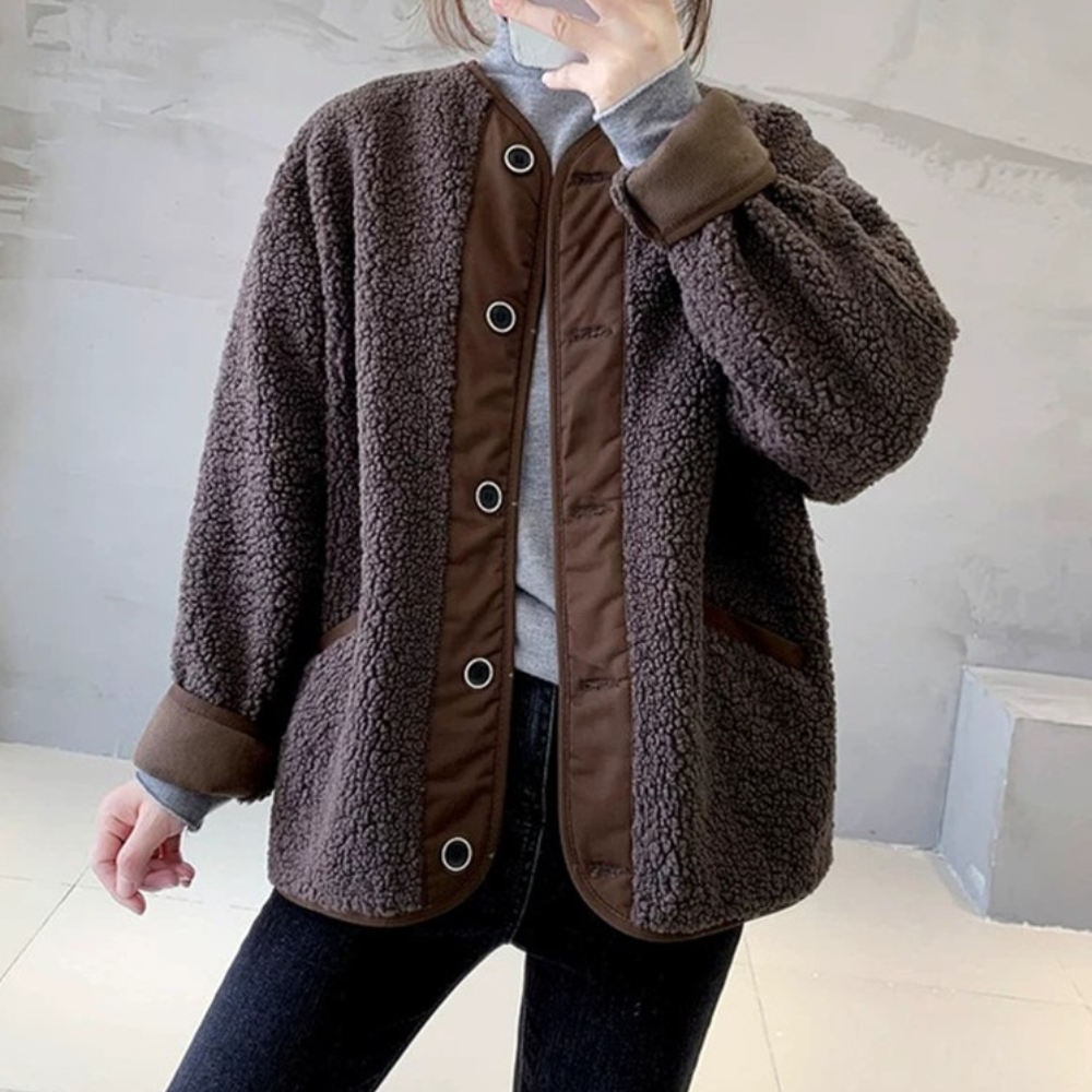 Dames Teddy Fleece Jas met Drukknopen Warme en Comfortabele Tussenjas met Casual Pasvorm
