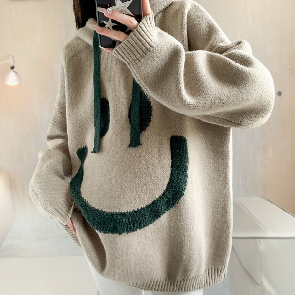 Dames Hoodie Trui met Smile Print Comfortabele Oversized Look voor Casual Dagen en Relaxmomenten