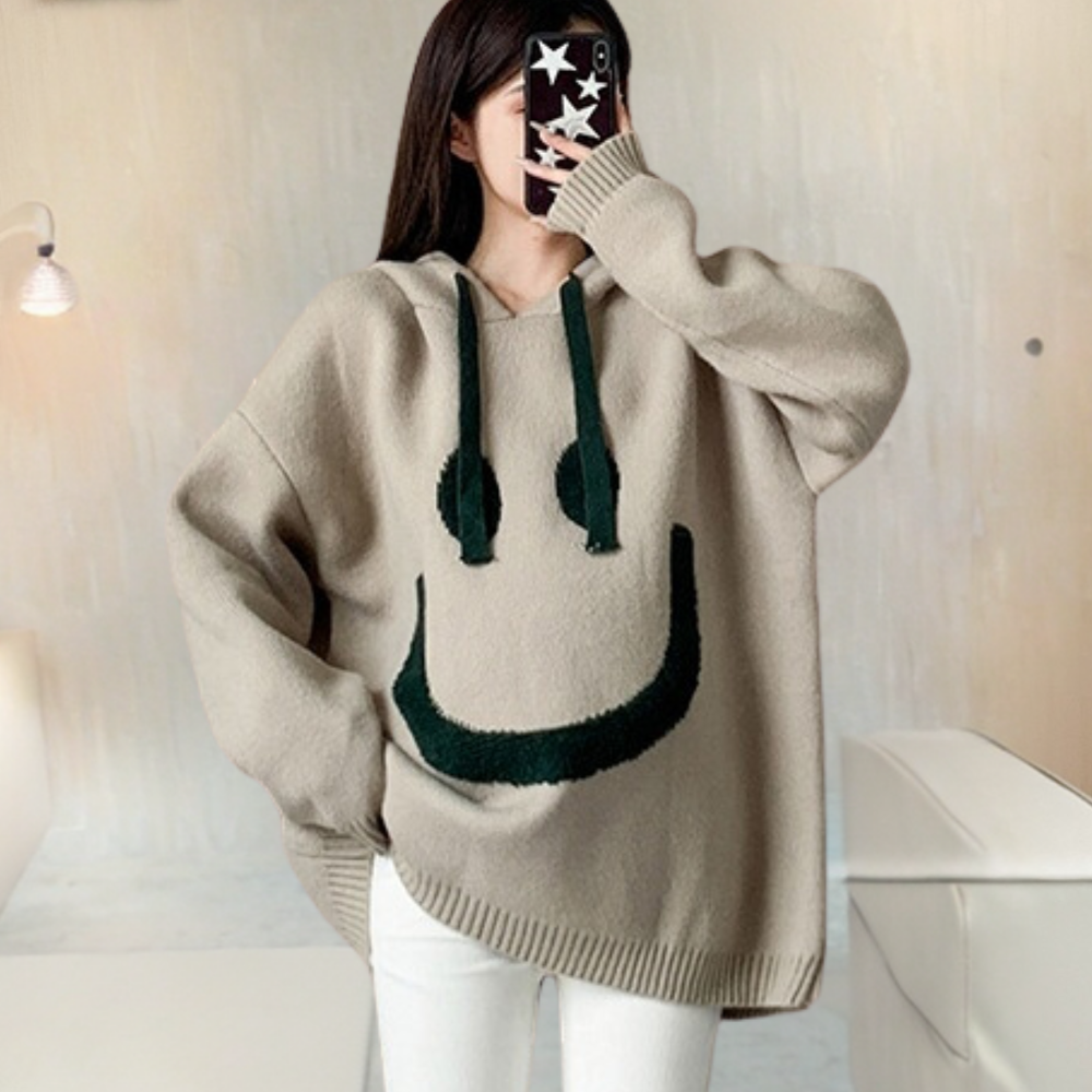 Dames Hoodie Trui met Smile Print Comfortabele Oversized Look voor Casual Dagen en Relaxmomenten