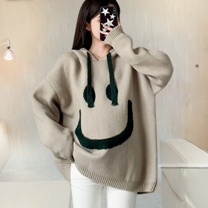 Dames Hoodie Trui met Smile Print Comfortabele Oversized Look voor Casual Dagen en Relaxmomenten