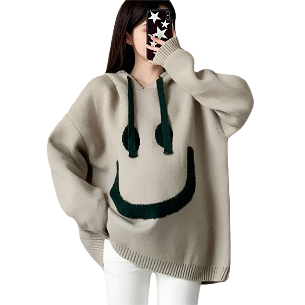 Dames Hoodie Trui met Smile Print Comfortabele Oversized Look voor Casual Dagen en Relaxmomenten