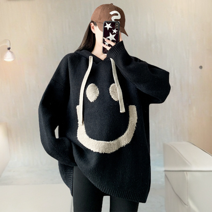 Dames Hoodie Trui met Smile Print Comfortabele Oversized Look voor Casual Dagen en Relaxmomenten