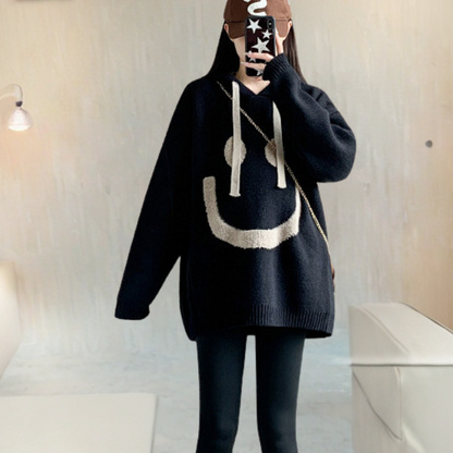 Dames Hoodie Trui met Smile Print Comfortabele Oversized Look voor Casual Dagen en Relaxmomenten