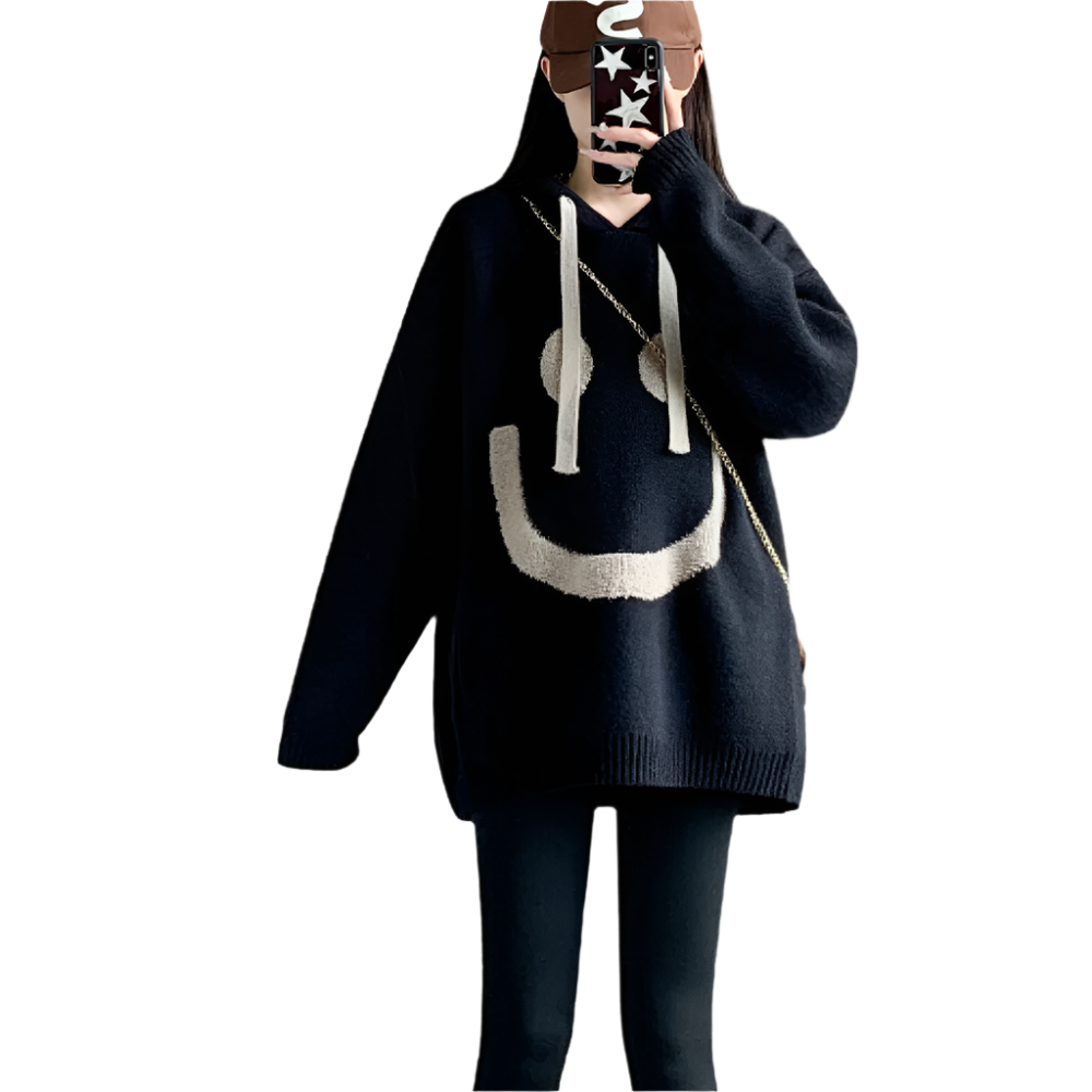 Dames Hoodie Trui met Smile Print Comfortabele Oversized Look voor Casual Dagen en Relaxmomenten