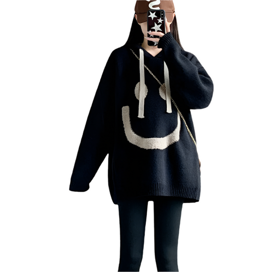 Dames Hoodie Trui met Smile Print Comfortabele Oversized Look voor Casual Dagen en Relaxmomenten