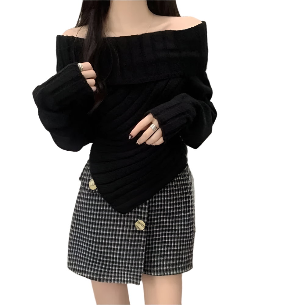 Dames Off-Shoulder Gebreide Trui met Asymmetrische Zoom Elegante en Comfortabele Musthave voor Herfst en Winter